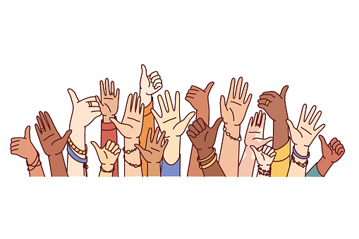 Hands of diverse people showing thumbs up or greeting gestures symbolize unity and harmony in society. Hands of crowd multiethnic men and women united to fight against discrimination and intolerance