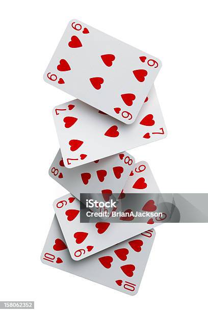 Straight Flush Cards Falling Stock Photo - Download Image Now - Playing Card, Flying, White Background
