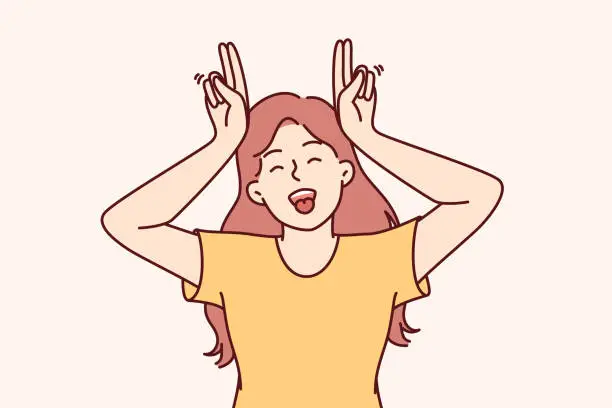 Vector illustration of Little funny girl makes horns from fingers and shows tongue, wanting to cheer up others and friends
