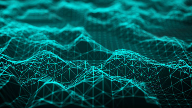 istock Network of bright connected lines. Abstract dynamic wave of many points. Landscape. Digital background. 3D rendering. 1580634776