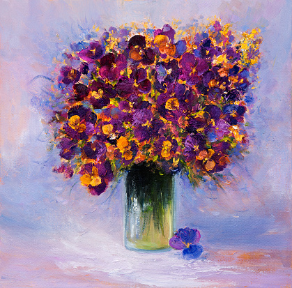 Original  oil painting of beautiful vase or bowl of fresh  flowers.  on canvas.Modern Impressionism, modernism,marinism