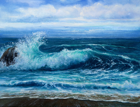 Original  oil painting of ocean and waves on canvas.Modern Impressionism, modernism,marinism