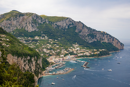 Looking down on the Marina Grande on the Island of Capri in the Tyrrhenian Sea off the Sorrento Peninsula, Italy