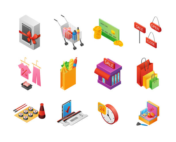 ilustrações de stock, clip art, desenhos animados e ícones de shopping isometric vector - ipad shopping gift retail