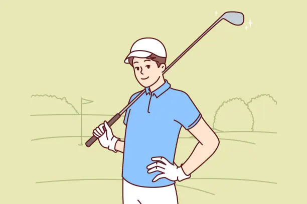 Vector illustration of Man with golf club on shoulder smiles standing in golfers park after successfully completing holes