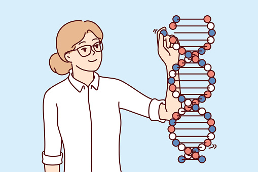 Woman geneticist studies DNA chain standing near genome molecule and modifying genetic sample. Young girl will investigate sequencing and mutation of human DNA that causes deadly diseases