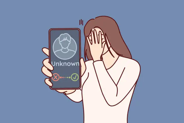 Vector illustration of Woman receives phone call from anonymous stalker and shows smartphone screen covering face with hand