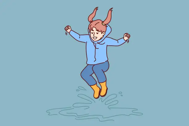 Vector illustration of Little happy girl jumps in puddles in rubber boots and enjoys rainy autumn weather