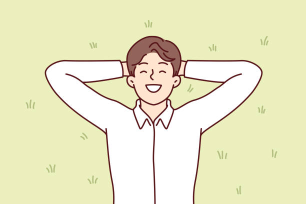 ilustrações, clipart, desenhos animados e ícones de homem feliz deita na grama verde no parque e desfruta de dia quente ensolarado e clima de verão - lea