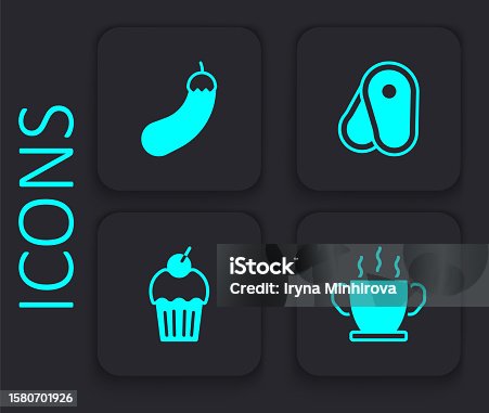 istock Set Bowl of hot soup, Eggplant, Steak meat and Muffin icon. Black square button. Vector 1580701926