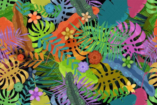 istock Seamless pattern Tropical exotic background. Colorful jungle leaves, flowers 1580718653