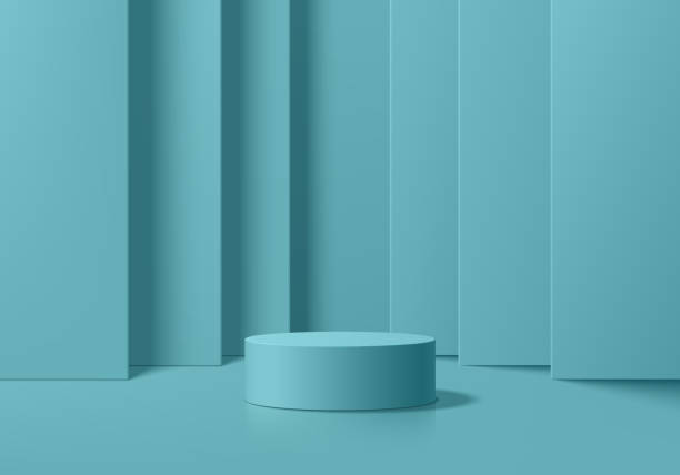istock 3D background with blue green cylinder pedestal podium and vertical layers backdrop wall scene. Abstract composition in minimal design. Platforms cosmetic product display presentation. Stage showcase. 1580718797