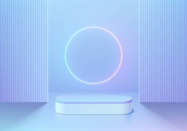 istock 3D background with blue hologram round podium pedestal and circle glow neon, Vertical pattern wall scene. Abstract composition in minimal design. Platforms product display presentation. Stage showcase 1580718799