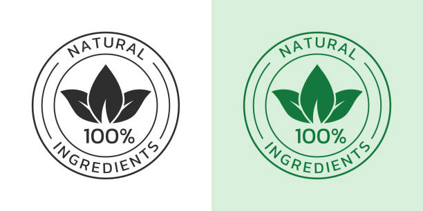 natural ingredients icon, label or logo. organic food, pure product seal or sticker with leaf. 100 percent natural badge or symbol. vector illustration. - nature stock illustrations