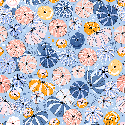 Sea urchin shell seamless pattern. Ocean reef underwater creature colorful vector illustration for cover, wallpaper, textile, fabric, wrapping paper, cloth