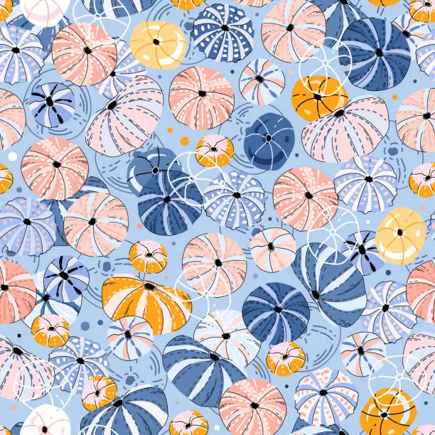 Vector illustration of Sea urchin shell seamless pattern. Ocean reef underwater creature colorful vector illustration for cover, wallpaper, textile, fabric, wrapping paper