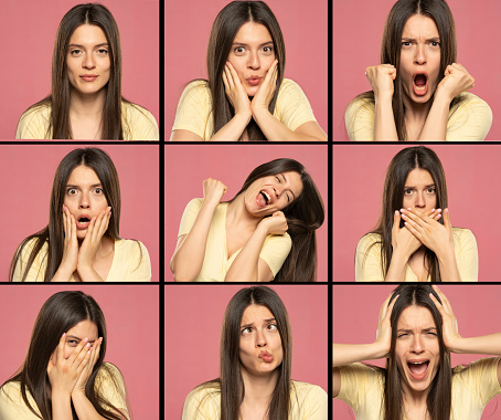 a collage from a portrait of the same woman with different emotions on a pink background