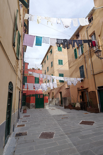 View along street in Boccadasse old mariners' village, Genoa, Liguria region, Italy