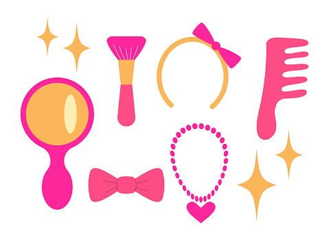 fashion doll Baby girl, princess. Cute pink icons collection - necklace, hairbrush, headband, brush, bow mirror Vector illustration