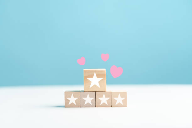 User Give five star, Customer satisfaction feedback review concept. Customer online service experience and business satisfaction.