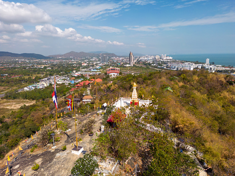 Drone aerial view of Wat Khao Sanam Chai a Thai buddhist temple in Hua Hin, Prachuap Khiri Khan, Thailand.