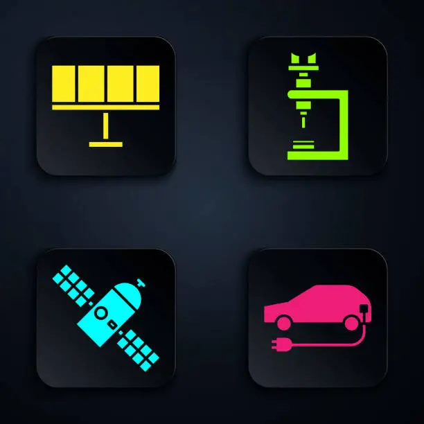 Vector illustration of Set Electric car, Solar energy panel, Satellite and Microscope. Black square button. Vector