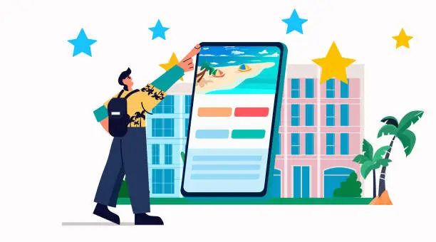 Vector illustration of man tourist with baggage using mobile app searching and booking hotels online summer vacation holiday time to travel concept
