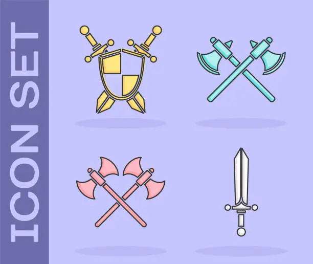 Vector illustration of Set Medieval sword, Medieval shield with crossed swords, Crossed medieval axes and Crossed medieval axes icon. Vector