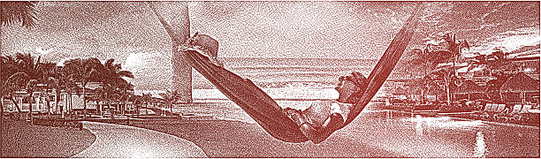 kobieta relaksujący w hamaku - infinity pool stock illustrations