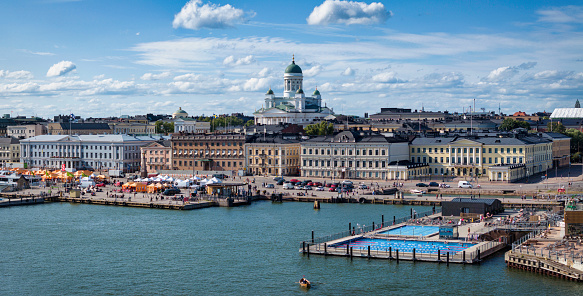 Helsinki Kauppatori Market Square Cityscape and Harbour Summer Panorama. Aerial Drone Point of View over Helsinki Harbour and Kauppatori Market Square towards iHelsinki Cathedral, an iconic 19th century Evangelical Lutheran Cathedral, in the background. Helsinki Harbor, Kauppatori Market Square and Old Town Helsinki Panorama, Finland, Nordic Countries, Europe