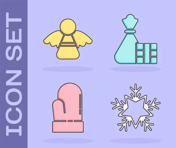 Vector illustration of Set Snowflake, Christmas angel, Christmas mitten and Gift box and bag icon. Vector