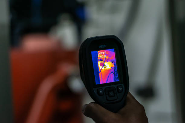 istock Professional Electrician use thermal infrared camera or thermometer scanning electrical system for preventive maintenance,Industrial thermography,Thermal image of power electric. 1580858957