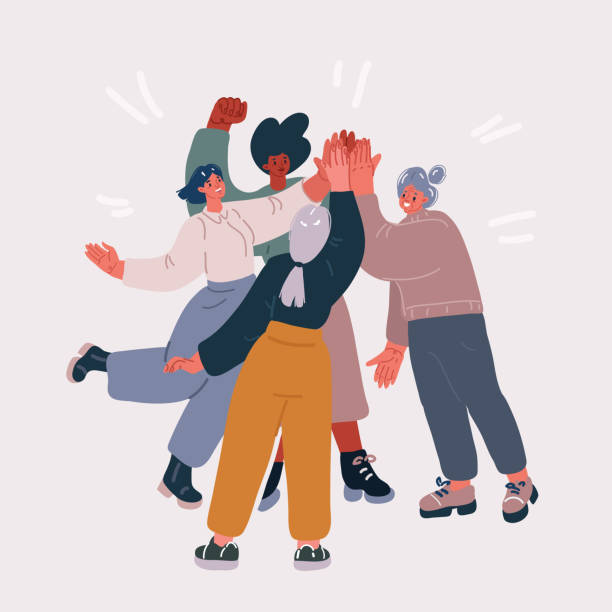 wektorowa ilustracja szczęśliwych ludzi przybijających piątkę. przyjaciele pozdrawiają się lub wspierają się nawzajem. nieformalny gest cześć. koncepcja przyjaźni, partnerstwa i sukcesu. płaska ilustracja wektorowa izolowana na białym tle - przyjaźń obrazy stock illustrations