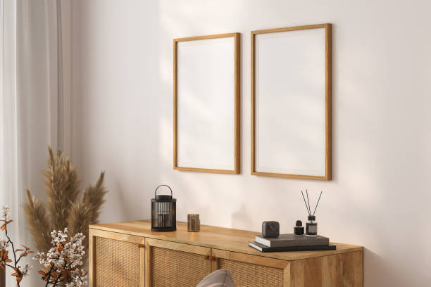 istock Double wooden frame mockup in boho living room interior background, 3d render 1580870484