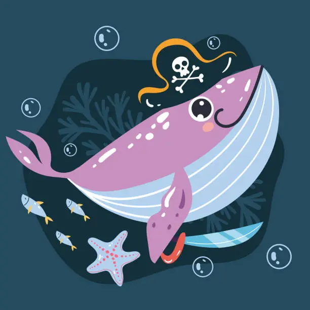 Vector illustration of Pirate sea animals abstract print concept. Vector graphic design illustration