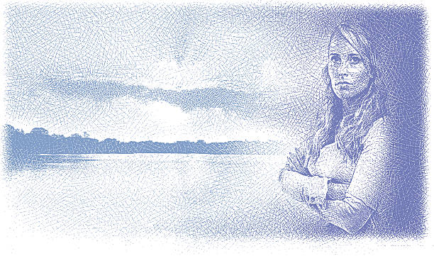 Woman Contemplating Issues Etching illustration of pensive woman contemplating personal issues. Woman and nature background on separate layers for easy editing. transfer print stock illustrations