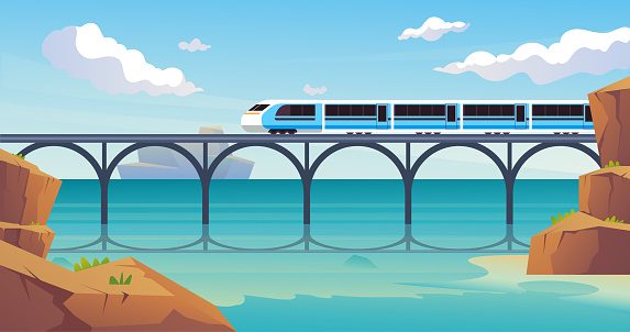 Train move on railway railroad bridge travel concept. Vector graphic design