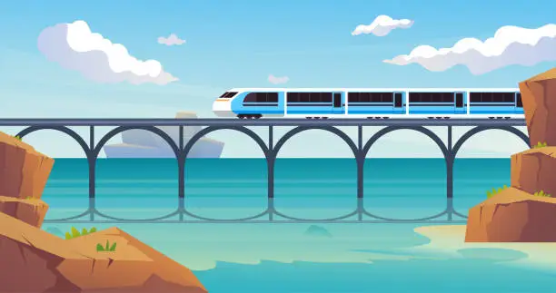 Vector illustration of Train move on railway railroad bridge travel concept. Vector graphic design illustration
