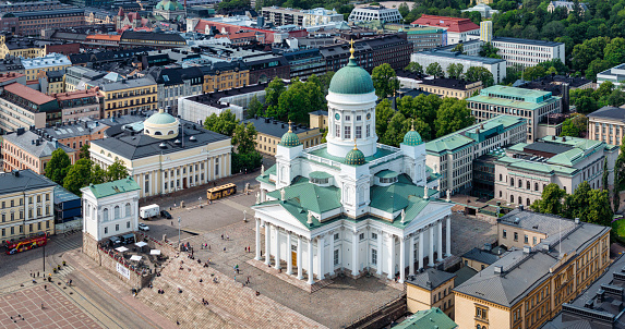 Helsinki Kruununhaka Cityscape Summer Aerial Panorama. Aerial Drone Point of View towards iconic Helsinki Lutheran Cathedral, Senate Square and Old Town with historic buildings and the iconic 19th century Evangelical Lutheran Cathedral. Old Town Helsinki Panorama, Kruununhaka, Finland, Nordic Countries, Europe
