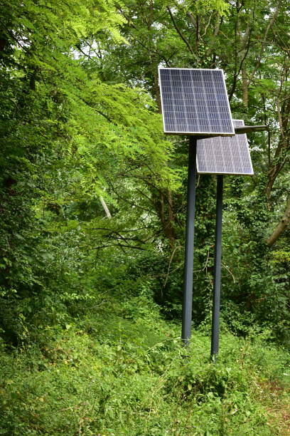 istock Small solar panels for lightning in the public park. 1580896207