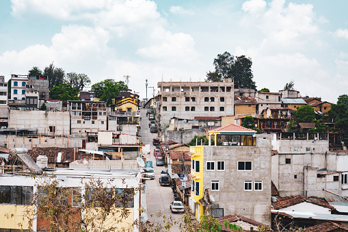 Chichicastenago, Guatemala- May 21, 2023: Aerial view of the Chichicastenango in Guatemala with buildings on a hill