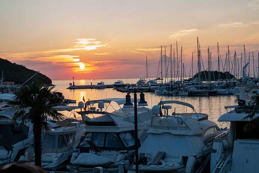 Beautiful sunset in the marina in Croatia with boats and yachts.