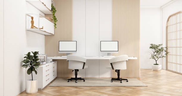 istock The interior Computer and office tools on desk room muji style interior design. 1580913782