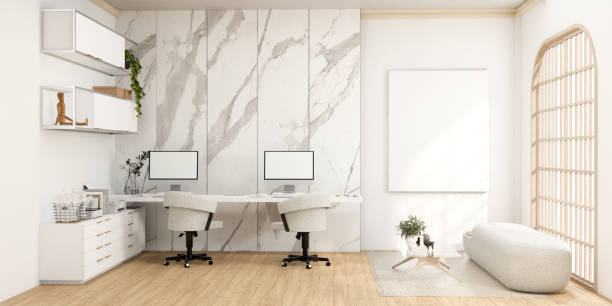 istock The interior Computer and office tools on desk room muji style interior design. 1580915407