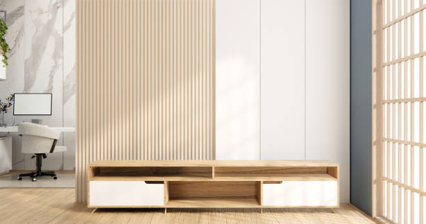 istock Muji Cabinet wooden design on white room interior modern style. 1580915421