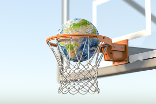 Basketball hoop with a ball in form of platen Earth.  World basketball concept. 3d illustration