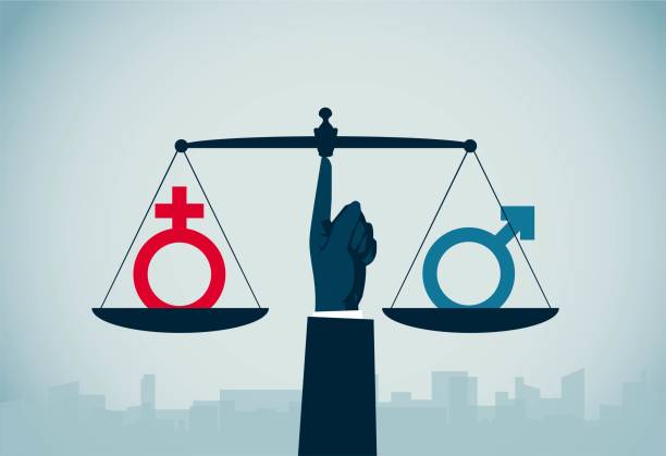 ilustraciones, imágenes clip art, dibujos animados e iconos de stock de relación igualitaria entre hombres y mujeres - gender symbol scales of justice weight scale imbalance