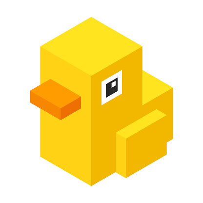 Cute yellow rubber ducky in pixel isometric 8-bit style for video game. Simple cartoon toy duck vector illustration.