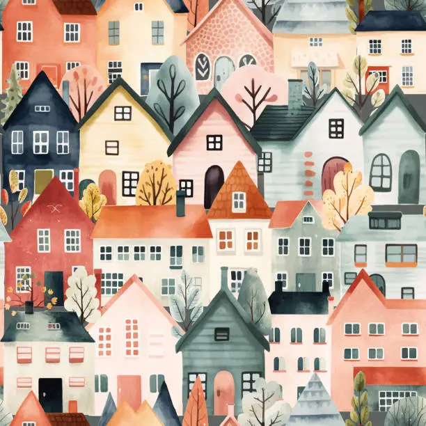 Vector illustration of Scandinavian houses seamless pattern. Cute watercolor buildings and trees. Trendy scandi print, decorative vector background