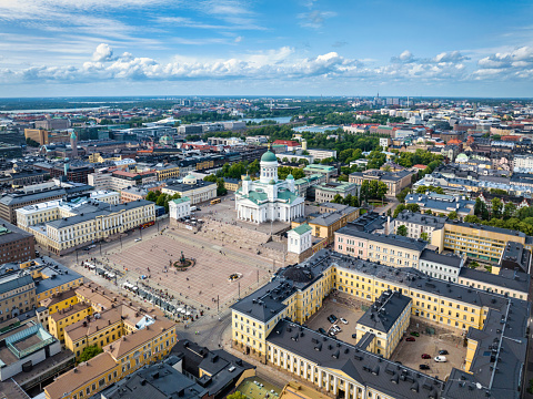 Helsinki Senate Square Cityscape Summer Aerial XXXL Stitched Panorama. Aerial Drone Point of View towards iconic Helsinki Lutheran Cathedral, Senate Square and Old Town with historic buildings and the iconic 19th century Evangelical Lutheran Cathedral in the Center. Stitched Mavic 3 Pro XXXL. Senate Square, Old Town Helsinki, Kruununhaka, Finland, Nordic Countries, Northern Europe